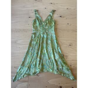 Molly New York 100% Silk Dress Women 2 Y2K Yellow/Green Mini Plunge Neck